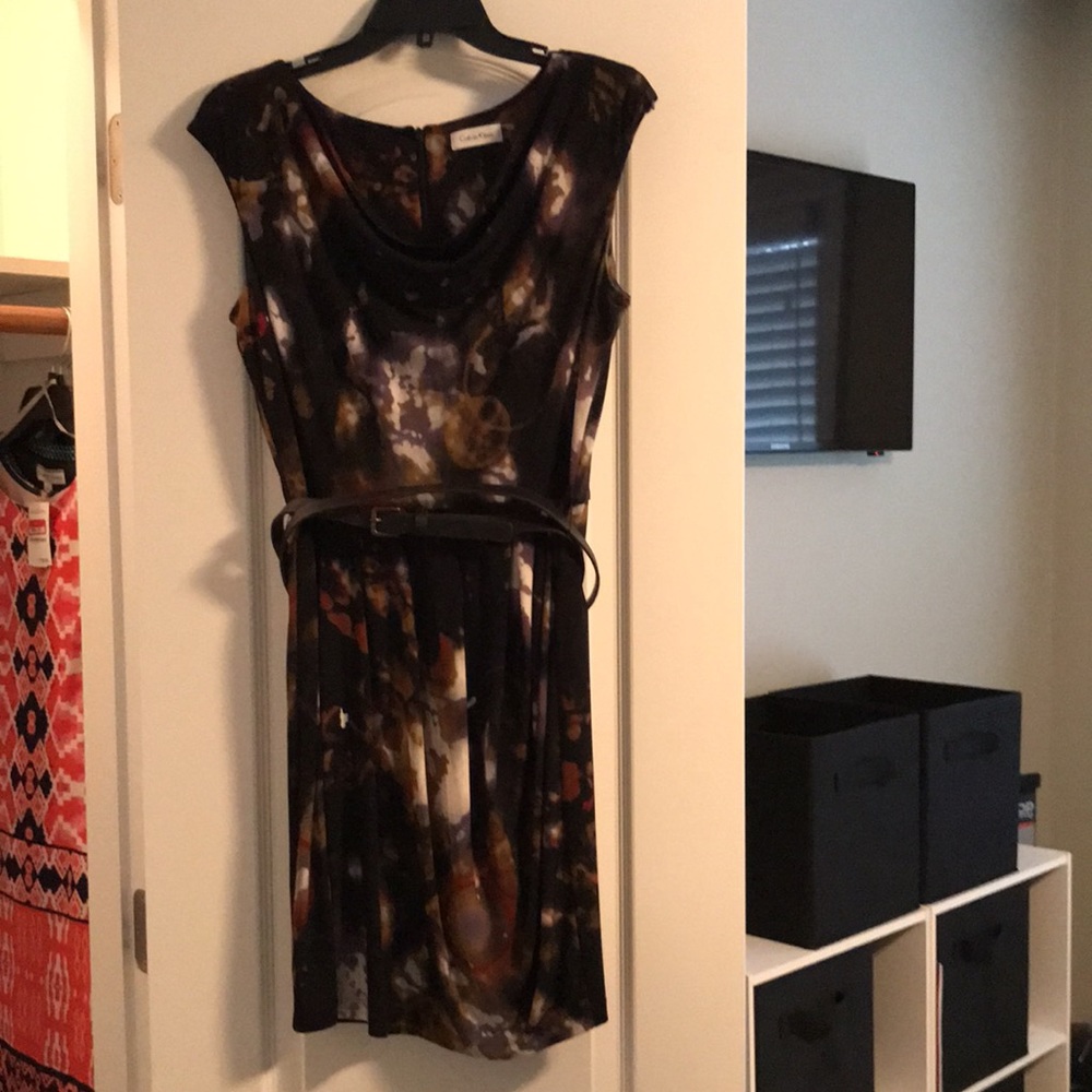 EUC CALVINKLEIN BELT WAIST SLEEVELESS DRESS FRONT PLEAT NECK& DRAPE BOTTOM  S6
